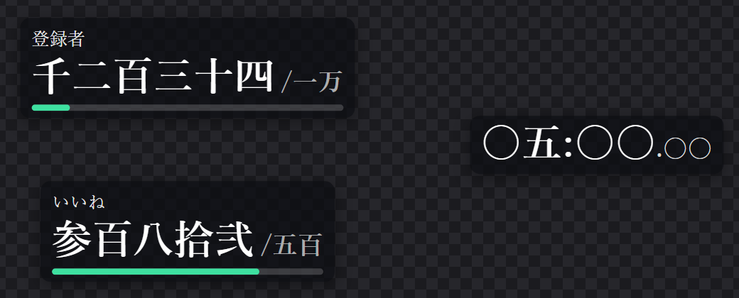 カウンターを漢数字にしたところ。「千二百三十四 /一万」、大字の「参百八拾弐 /五百」、タイマーの「〇五:〇〇.〇〇」